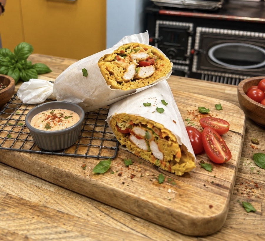 Rosti wrap λαχανικών με κοτόπουλο και sauce με γλυκιά πιπεριά και μέλι