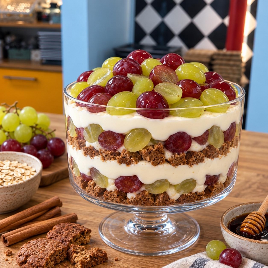 Trifle με μπισκότα βρώμης, μελάσα σταφυλιού και γιαούρτι με μέλι